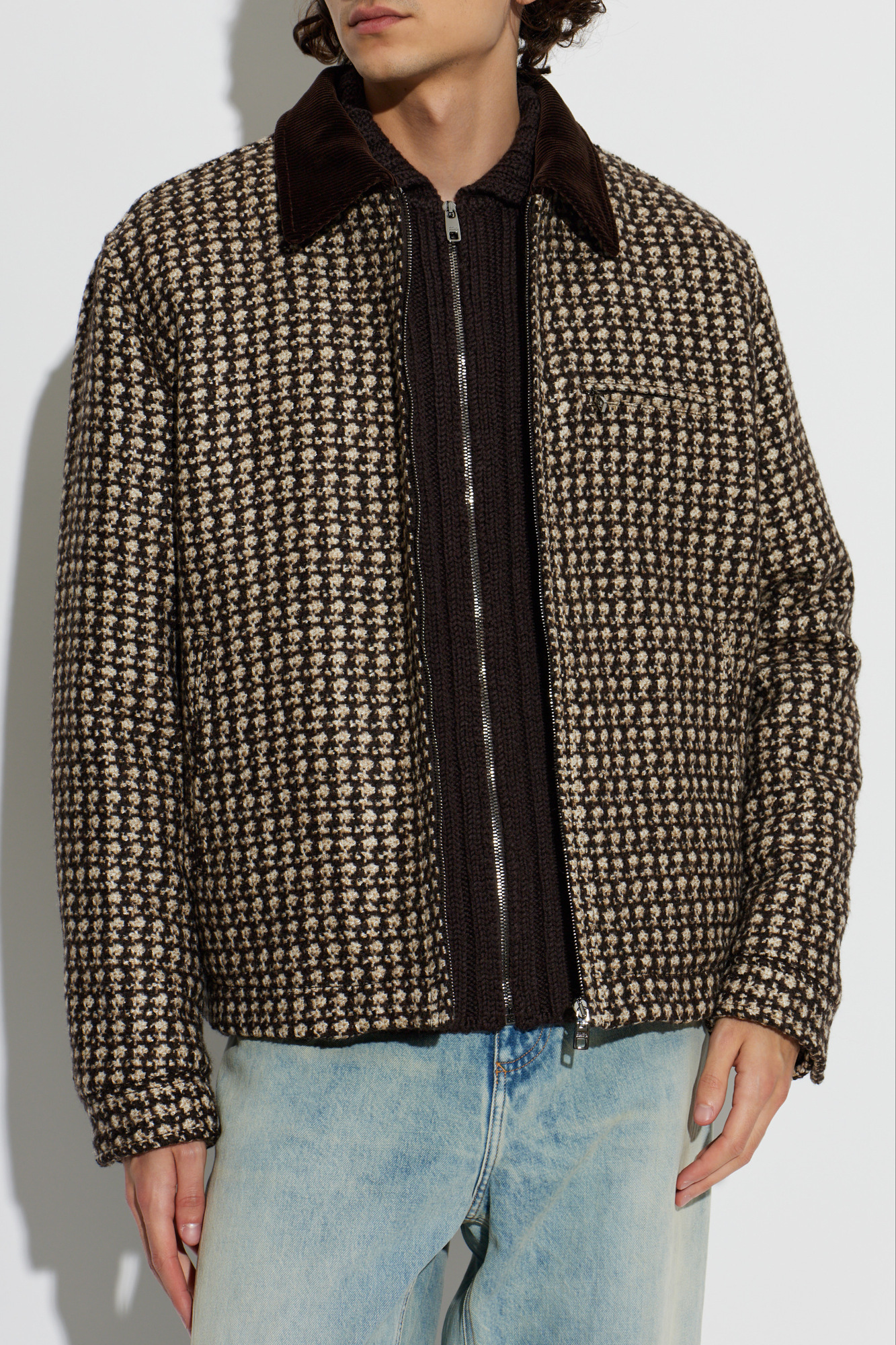 Dolce & Gabbana Brown Houndstooth Wool Jacket with Corduroy Collar